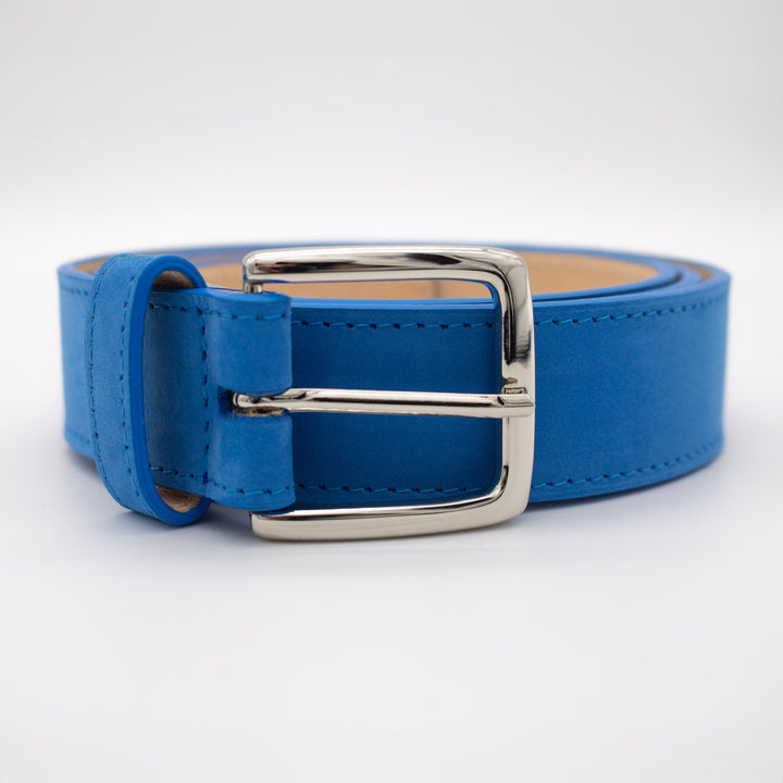 Furious Goose Blue Leather Belt, nubuck leather Malibu Blue, Made in London, England, UK, Furious Goose