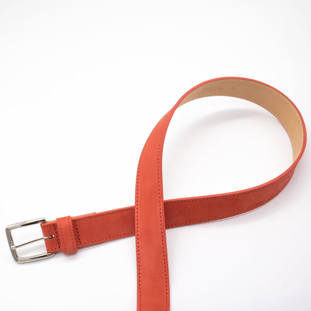Bold orange belt in luxury leather, suede. Made in London. UK. Furious Goose