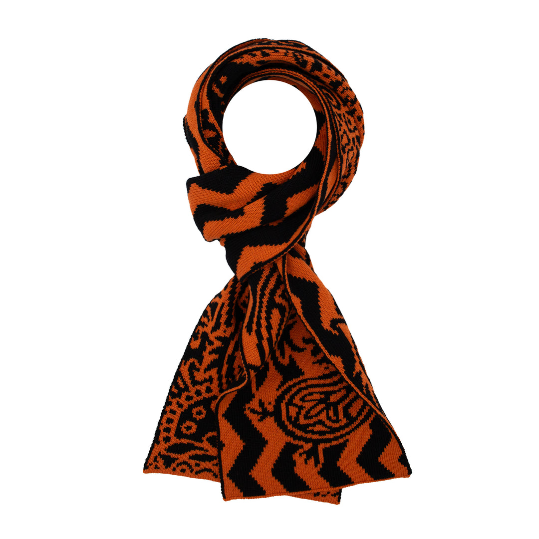 Knit, Michelangelos David,  Cashmere Scarf, Merino Wool, Burnt Orange and Black, Paisley, Jacquard, Sustainable Fashion, Made in London, UK, Furious Goose