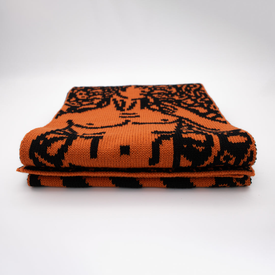 Knit, Michelangelos David,  Cashmere Scarf, Merino Wool, Burnt Orange and Black, Paisley, Jacquard, Sustainable Fashion, Made in London, UK, Furious Goose