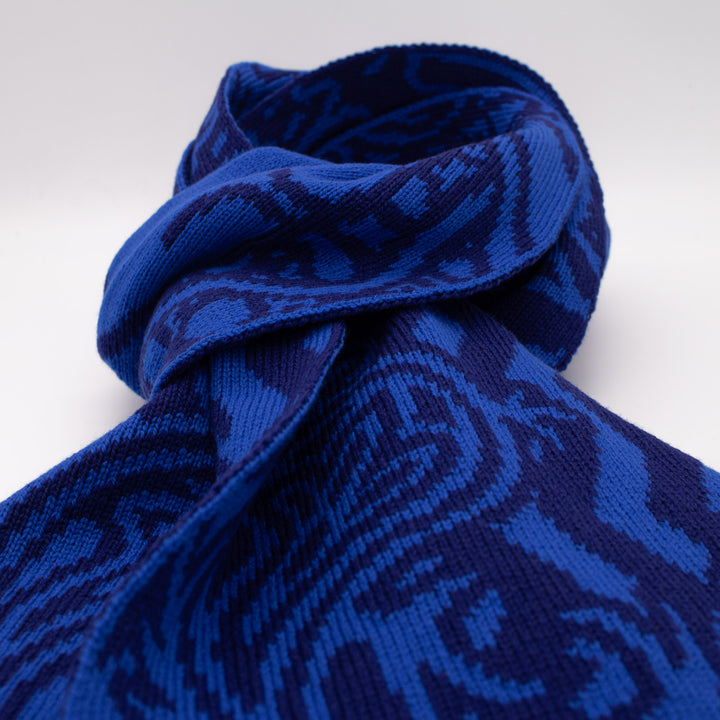 Knit, Michelangelos David,  Cashmere Scarf, Merino Wool, Blue, Paisley, Jacquard, Sustainable Fashion, Made in London, UK, Furious Goose