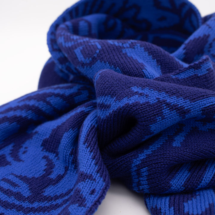 Knit, Michelangelos David,  Cashmere Scarf, Merino Wool, Blue, Paisley, Jacquard, Sustainable Fashion, Made in London, UK, Furious Goose