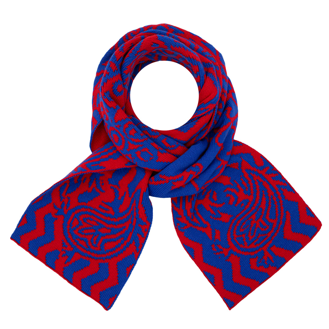 Knit, Michelangelos David,  Cashmere Scarf, Merino Wool, Red Blue, Paisley, Jacquard, Sustainable Fashion, Made in London, UK, Furious Goose