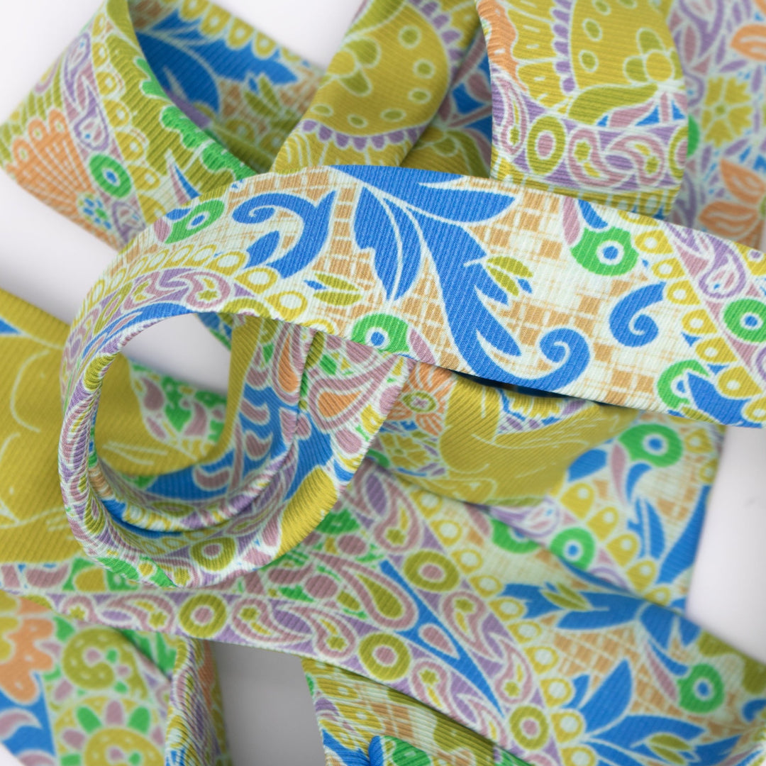 Yellow, orange, purple silk tie featuring Discobolus (Discus Thrower) of Myron and Michelangelo's David, Luxury Printed NeckTie, Made in UK, Furious Goose