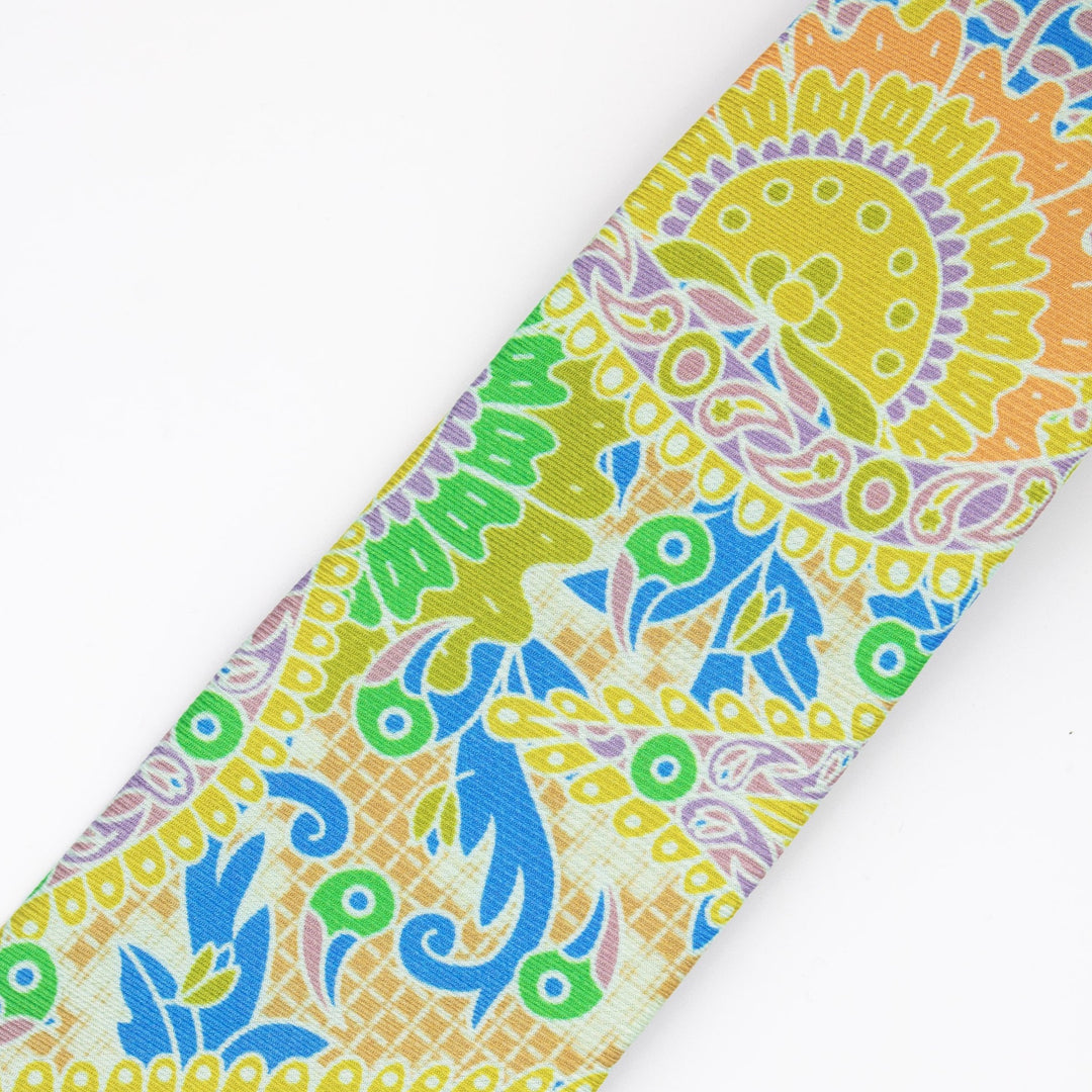 Yellow, orange, purple silk tie featuring Discobolus (Discus Thrower) of Myron and Michelangelo's David, Luxury Printed NeckTie, Made in UK, Furious Goose