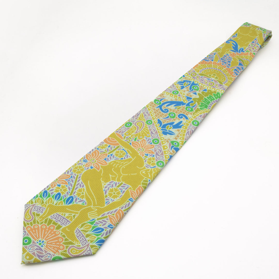 Yellow, orange, purple silk tie featuring Discobolus (Discus Thrower) of Myron and Michelangelo's David, Luxury Printed NeckTie, Made in UK, Furious Goose