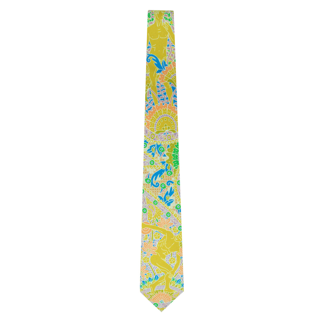 Yellow, orange, purple silk tie featuring Discobolus (Discus Thrower) of Myron and Michelangelo's David, Luxury Printed NeckTie, Made in UK, Furious Goose