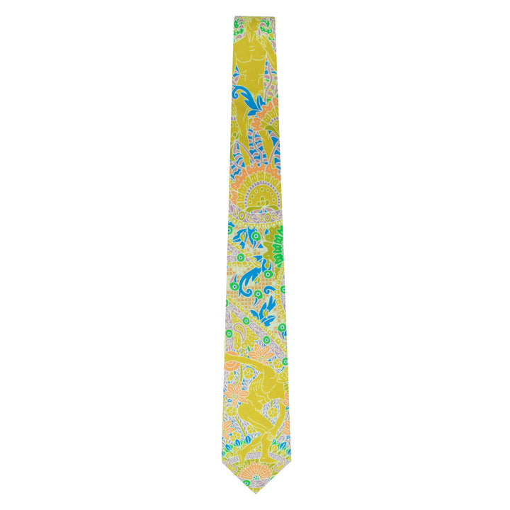 Yellow, orange, purple silk tie featuring Discobolus (Discus Thrower) of Myron and Michelangelo's David, Luxury Printed NeckTie, Made in UK, Furious Goose