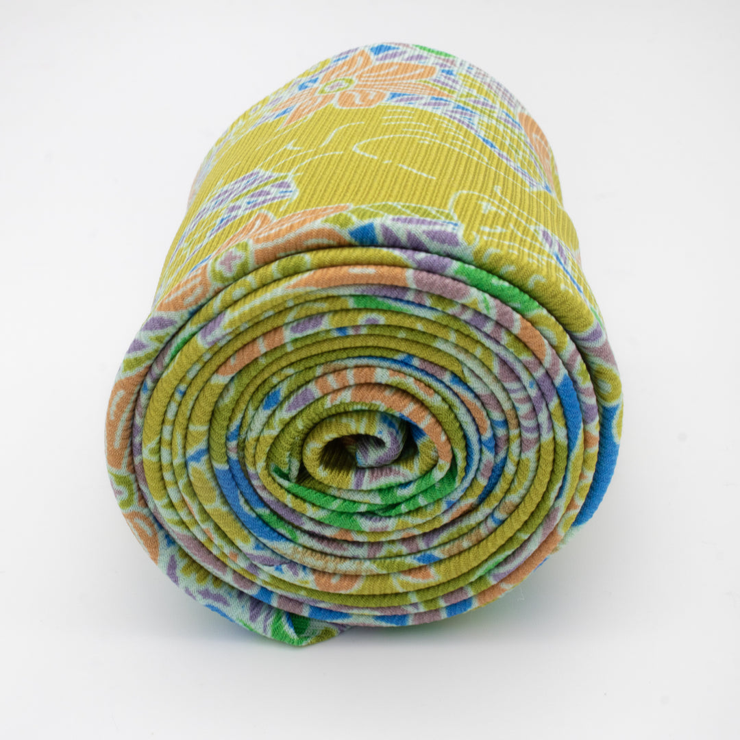 Yellow, orange, purple silk tie featuring Discobolus (Discus Thrower) of Myron and Michelangelo's David, Luxury Printed NeckTie, Made in UK, Furious Goose