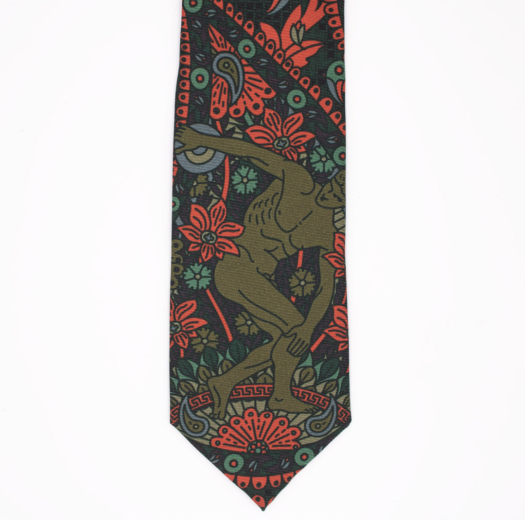 Silk Necktie, Luxury ties, Printed tie, Menswear, Discobolos, Michelangelo, David, Coral, Green, Made in UK, Furious Goose