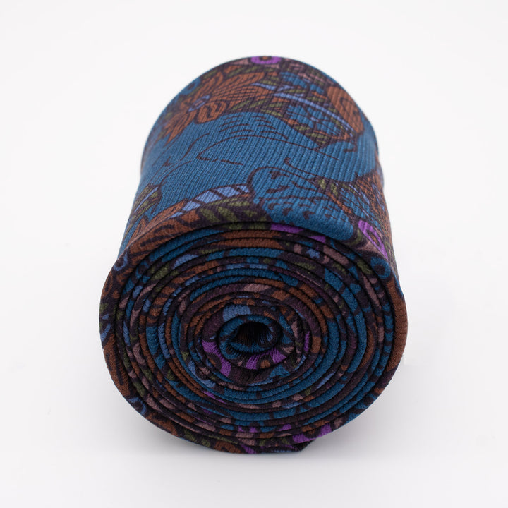 Purple and blue printed necktie, silk ties, menswear, formalwear, Michelangelo, Discobolos, Classical Sculpture, Luxury Accessories, Made in UK, Furious Goose