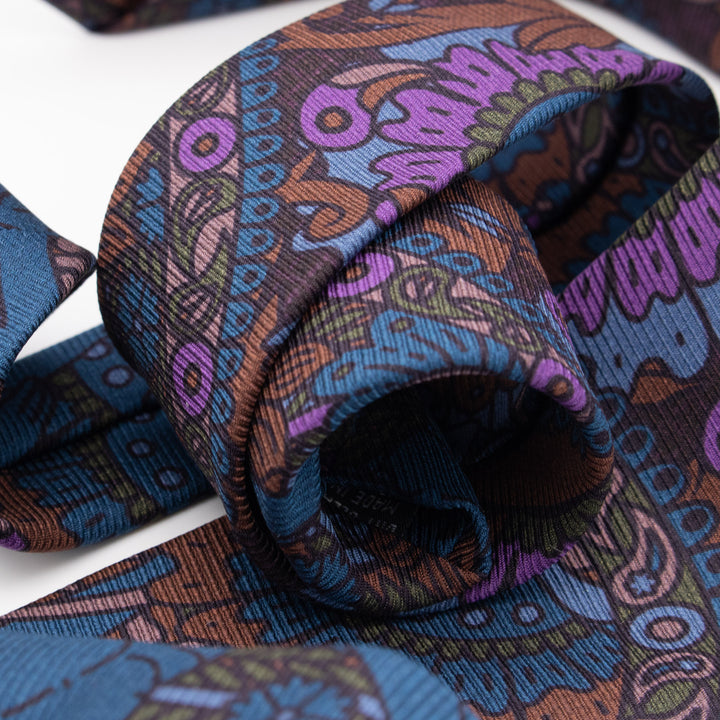Purple and blue printed necktie, silk ties, menswear, formalwear, Michelangelo, Discobolos, Classical Sculpture, Luxury Accessories, Made in UK, Furious Goose