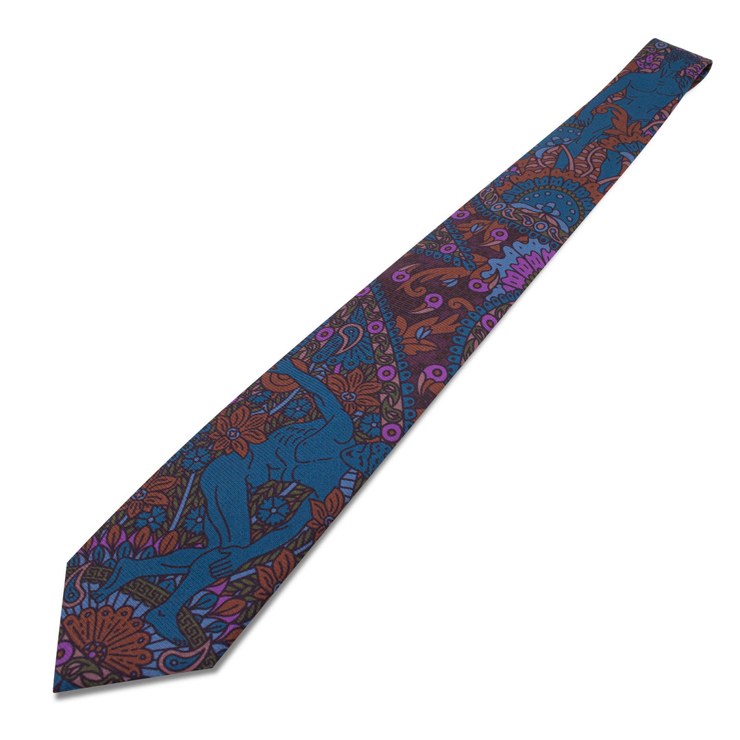 Purple and blue printed necktie, silk ties, menswear, formalwear, Michelangelo, Discobolos, Classical Sculpture, Luxury Accessories, Made in UK, Furious Goose