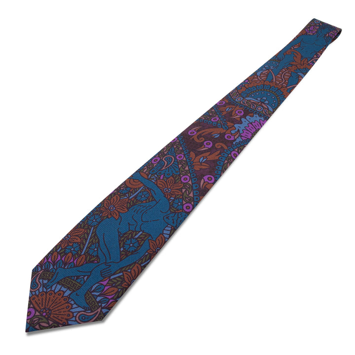 Purple and blue printed necktie, silk ties, menswear, formalwear, Michelangelo, Discobolos, Classical Sculpture, Luxury Accessories, Made in UK, Furious Goose