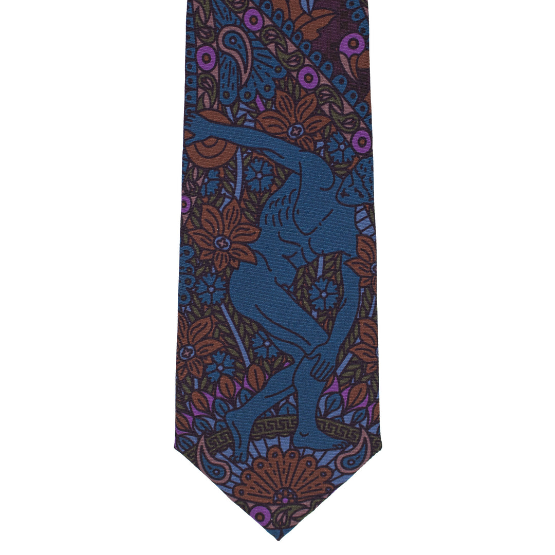 Purple and blue printed necktie, silk ties, menswear, formalwear, Michelangelo, Discobolos, Classical Sculpture, Luxury Accessories, Made in UK, Furious Goose
