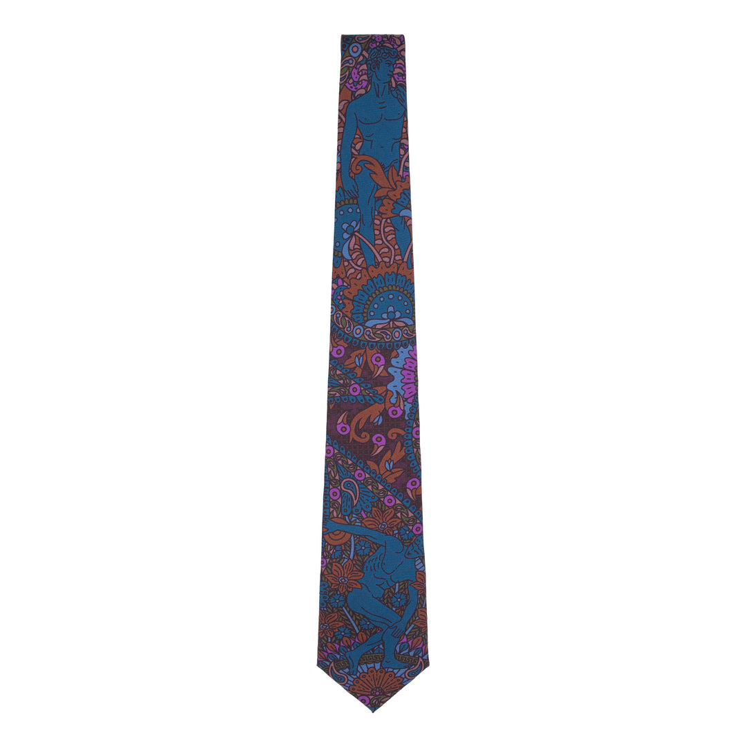 Purple and blue printed necktie, silk ties, menswear, formalwear, Michelangelo, Discobolos, Classical Sculpture, Luxury Accessories, Made in UK, Furious Goose