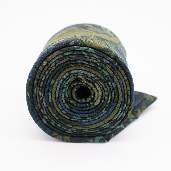Luxury silk printed tie in green, brown and slate grey. Featuring new-classical sculpture, Michelangelo's David and the Discus Thrower, Made in UK, Bold Print, Neckties, Ties, London, Furious Goose