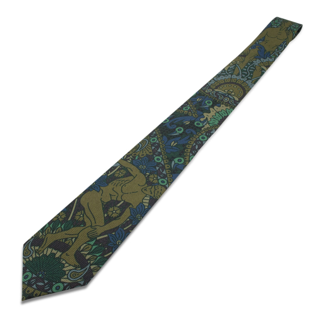 Luxury silk printed tie in green, brown and slate grey. Featuring new-classical sculpture, Michelangelo's David and the Discus Thrower, Made in UK, Bold Print, Neckties, Ties, London, Furious Goose
