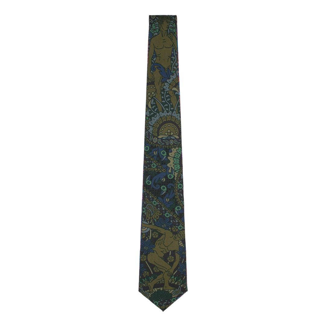 Luxury silk printed tie in green, brown and slate grey. Featuring new-classical sculpture, Michelangelo's David and the Discus Thrower, Made in UK, Bold Print, Neckties, Ties, London, Furious Goose