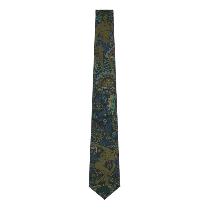 Luxury silk printed tie in green, brown and slate grey. Featuring new-classical sculpture, Michelangelo's David and the Discus Thrower, Made in UK, Bold Print, Neckties, Ties, London, Furious Goose