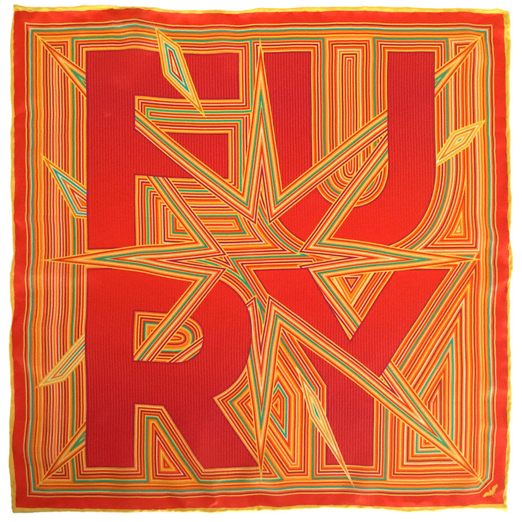 Bold silk pocket square, typography, design, orange, red, FURY, made in the UK, London, Luxury Accessories, Furious Goose