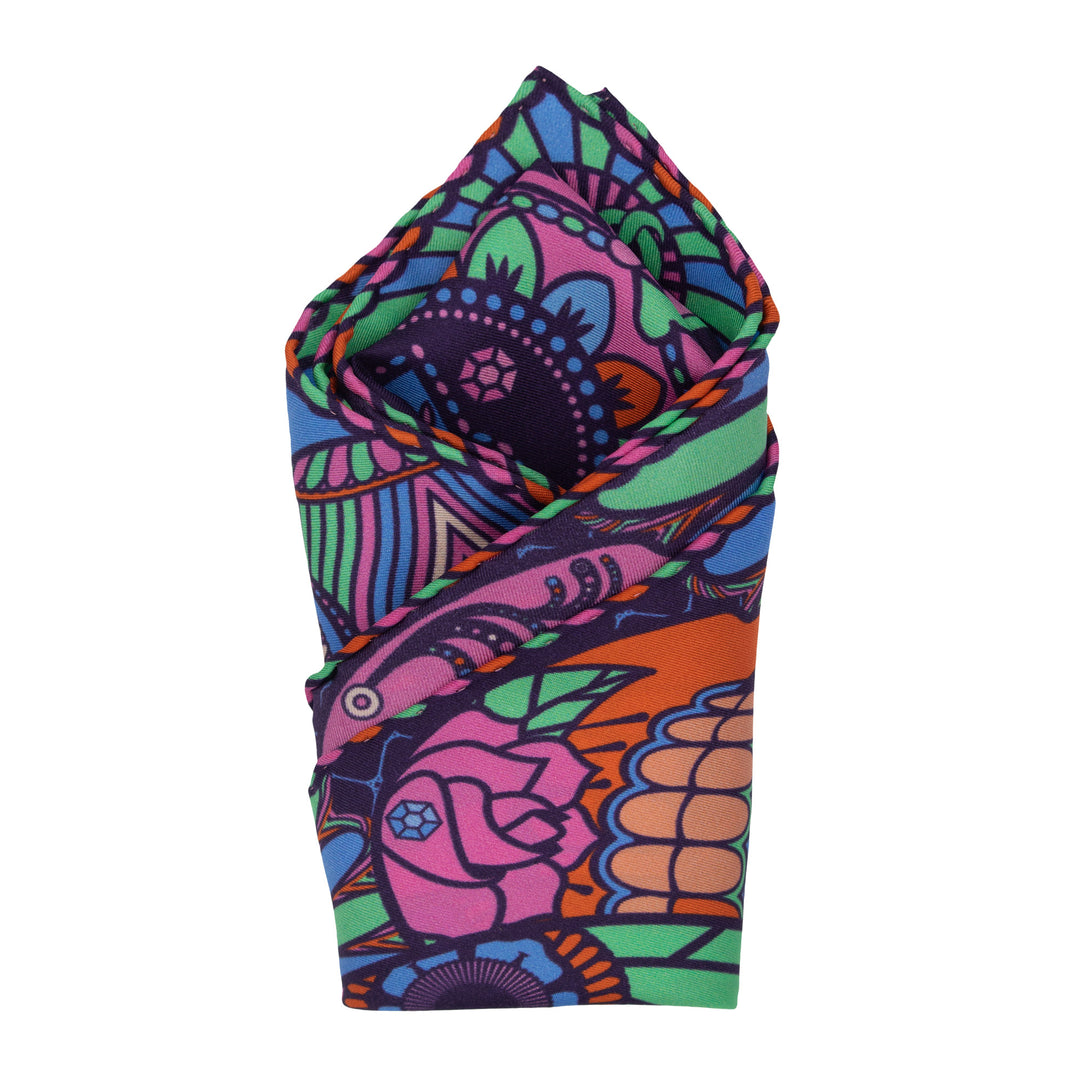 Sugar skull tattoo pocket square in pink, navy, jade, blue and orange. Made in UK. London, Furious Goose