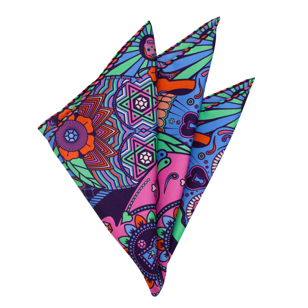 Sugar skull tattoo pocket square in pink, navy, jade, blue and orange. Made in UK. London, Furious Goose