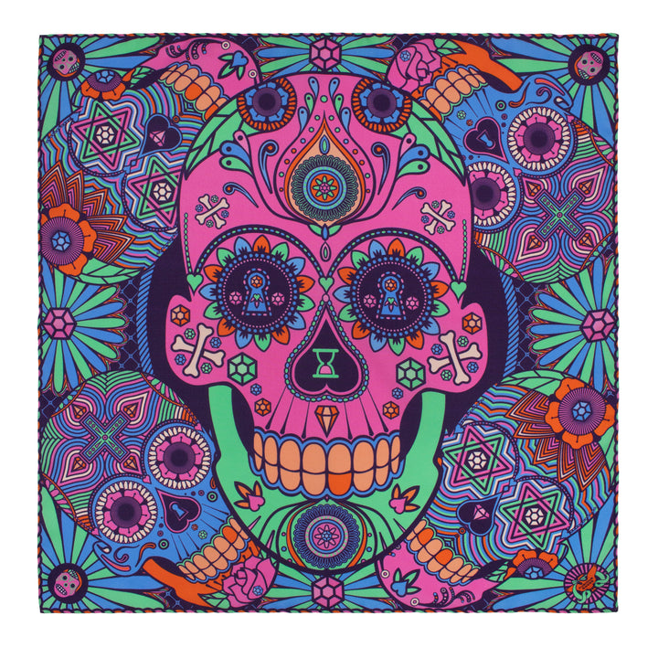 Sugar skull tattoo pocket square in pink, navy, jade, blue and orange. Made in UK. London, Furious Goose