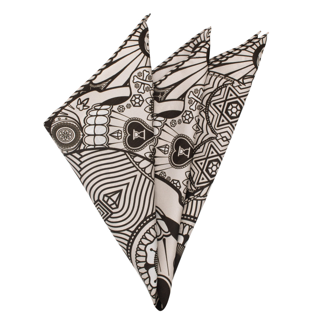 Black and White, Sugar Skull Día de los Muertos, Day of the Dead Pocket Square, Skulls, Bold Accessories, London, Furious Goose, Silk Handkerchief