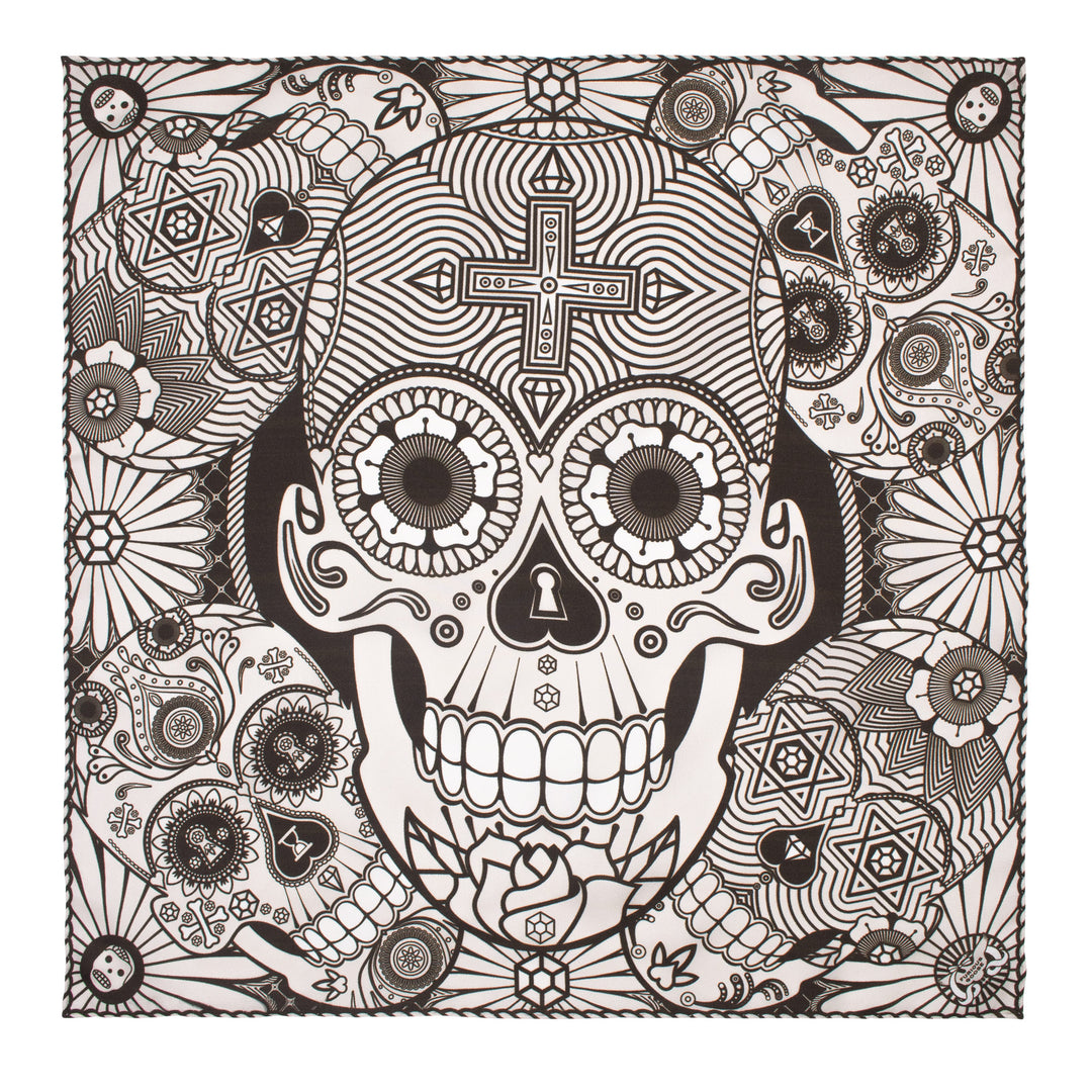 Black and White, Sugar Skull Día de los Muertos, Day of the Dead Pocket Square, Skulls, Bold Accessories, London, Furious Goose, Silk Handkerchief