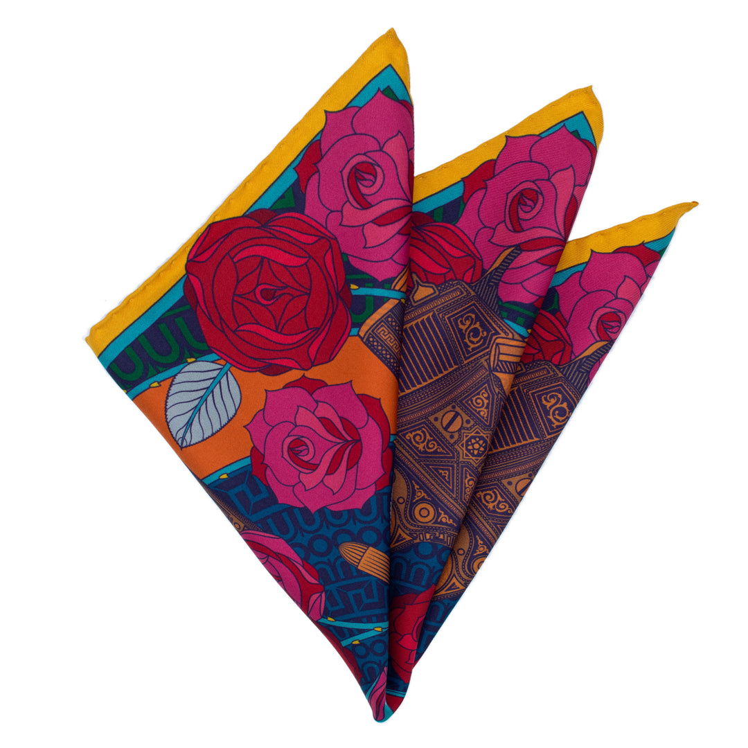 Folded Guns and Roses Sinatra Pocket Square | Red, Orange, Pink, Blue | Made in UK | Furious Goose