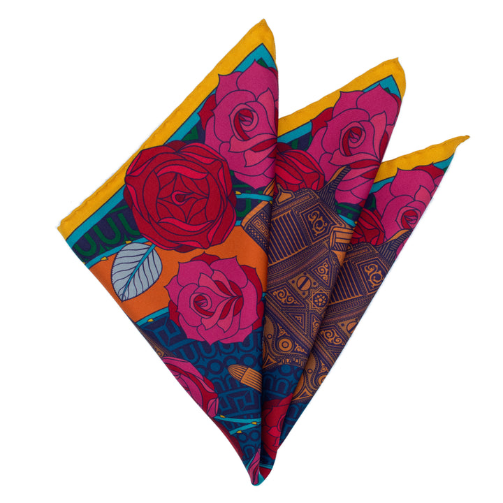 Folded Guns and Roses Sinatra Pocket Square | Red, Orange, Pink, Blue | Made in UK | Furious Goose