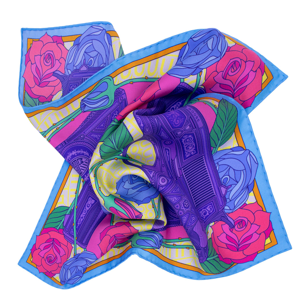 Silk Pocket Square featuring bold print of guns and roses | Made in England | Furious Goose