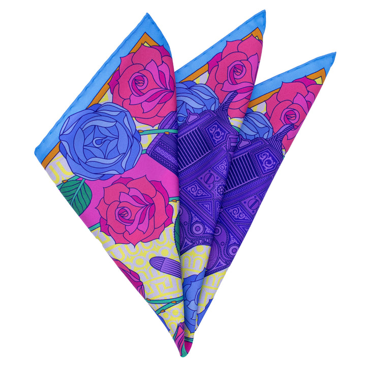 Folded Pocket Square, Silk, Pink, Yellow, Blue and Purple, Guns and Roses | Made in England | Furious Goose