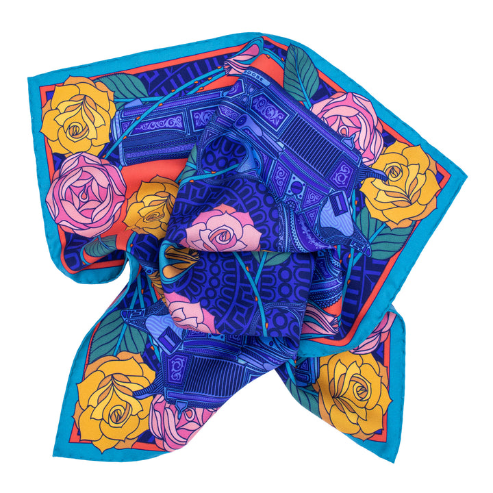 Scrunched silk pocket square in blue and coral | Made in UK | Furious Goose
