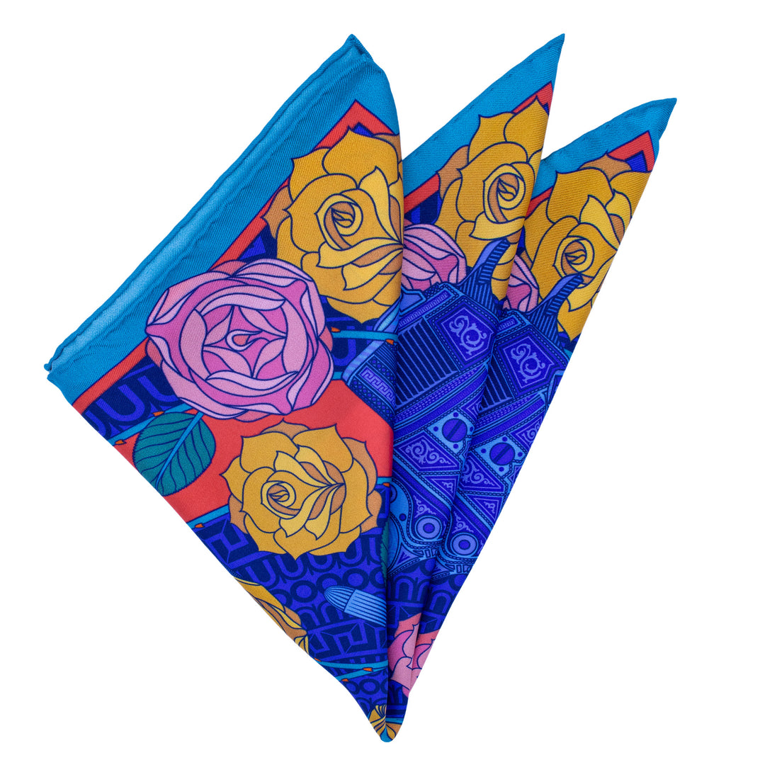 Folded silk pocket square in blue and coral | Made in UK | Furious Goose