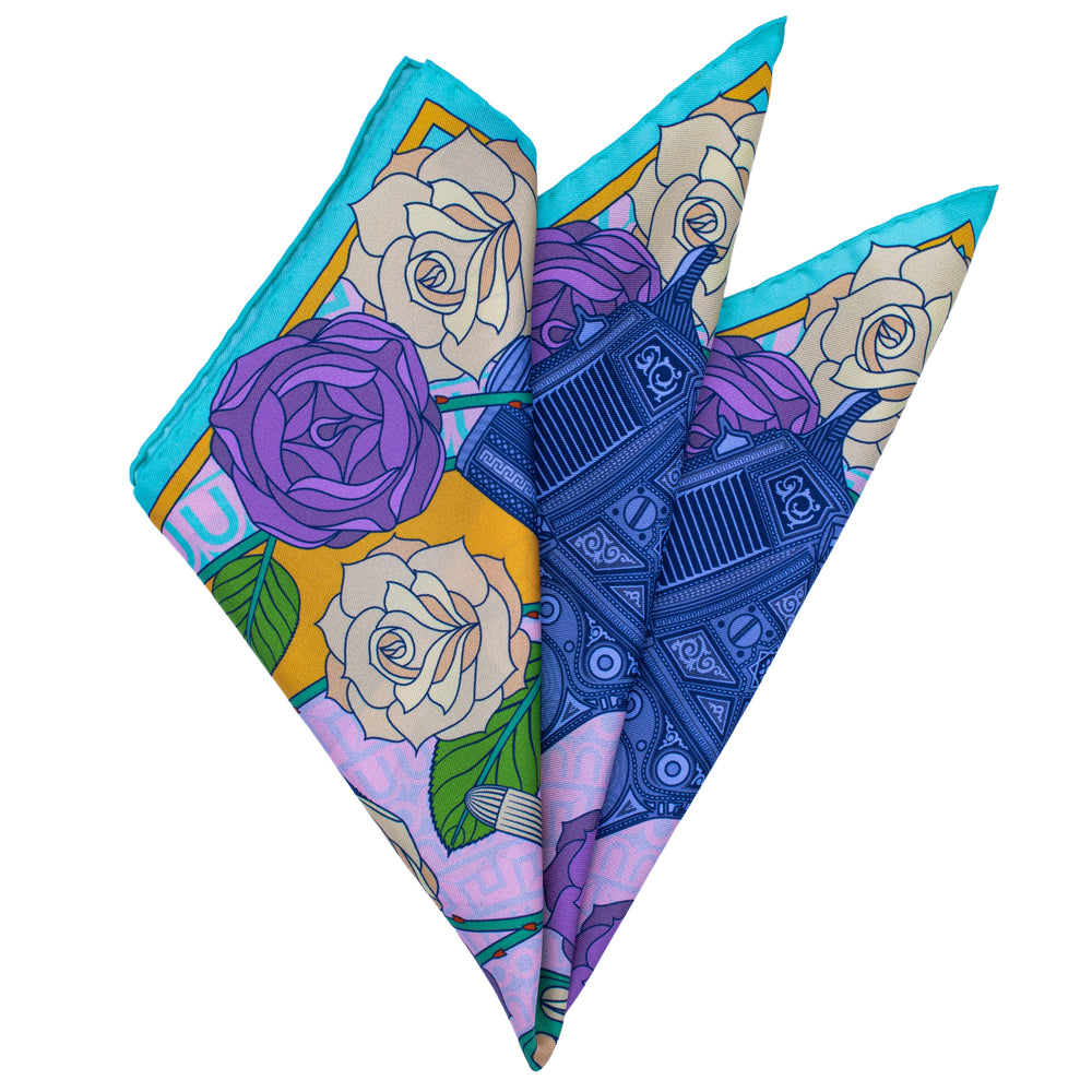 Folded pocket square. Turquoise, purple and yellow. Guns and Roses | Made in UK | Furious Goose