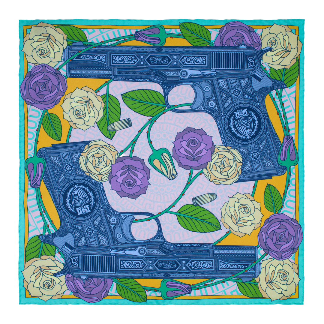 Blue, Green and Yellow silk pocket square. Guns and Roses | Made in UK | Furious Goose