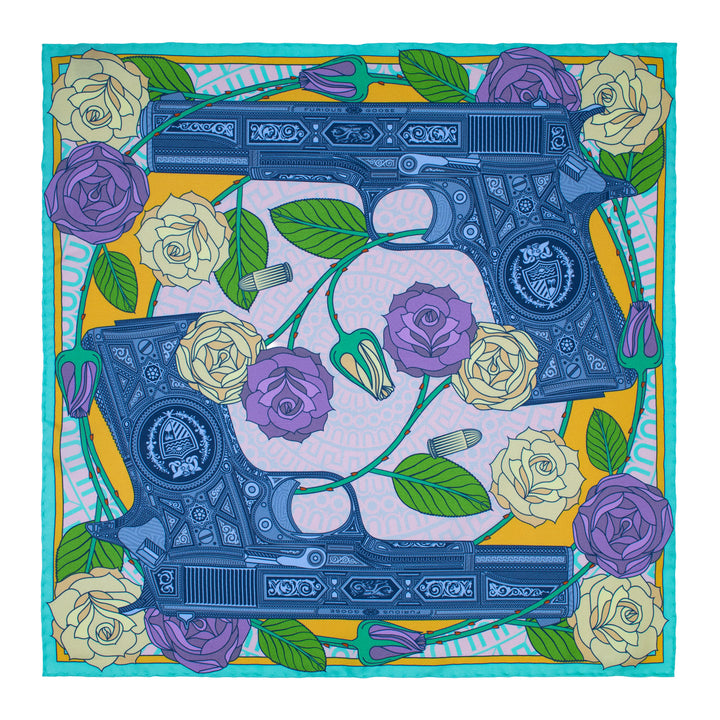 Blue, Green and Yellow silk pocket square. Guns and Roses | Made in UK | Furious Goose