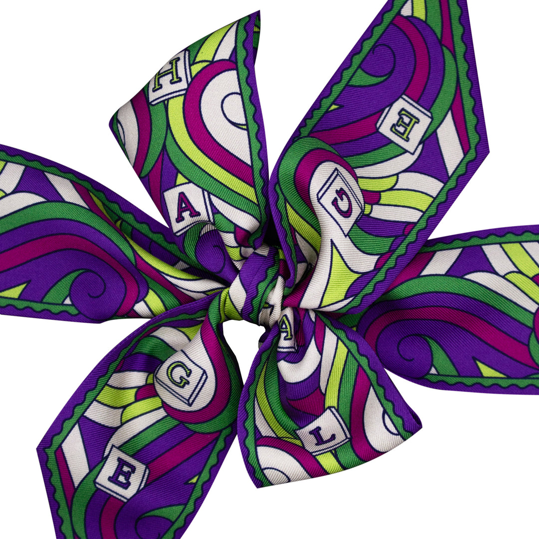 Ribbon Scarf inspired by the River Thames, Purple, Green, White, Typography, Doves Type, London, Furious Goose