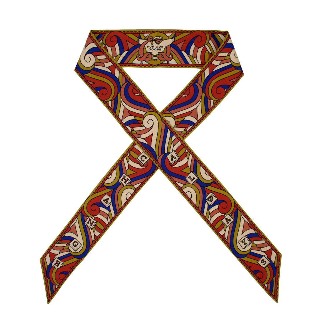 Regal heraldic ribbons scarf, luxury silk twilly, premium scarves, made in UK. London, Furious Goose