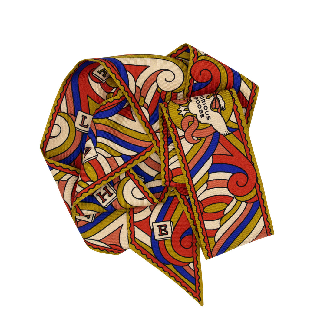 Regal heraldic ribbons scarf, luxury silk twilly, premium scarves, made in UK. London, Furious Goose