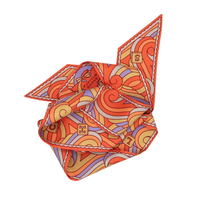 Orange and lilac silk ribbon scarf, twilly. Made in UK. London, Furious Goose