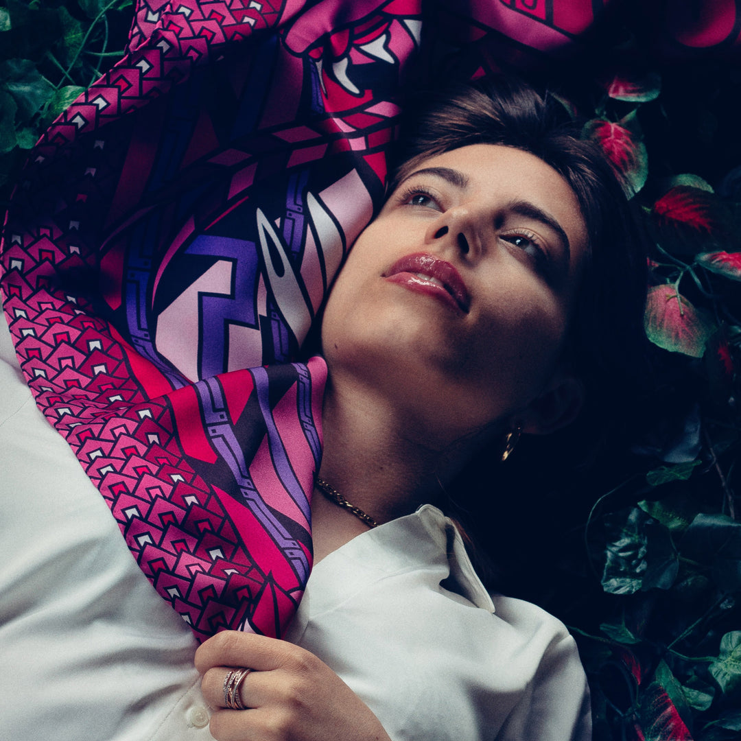 Luxury Silk Scarf, Dragon Scarves, Quetzalcoatle, Pink Purple, Made in UK | Furious Goose