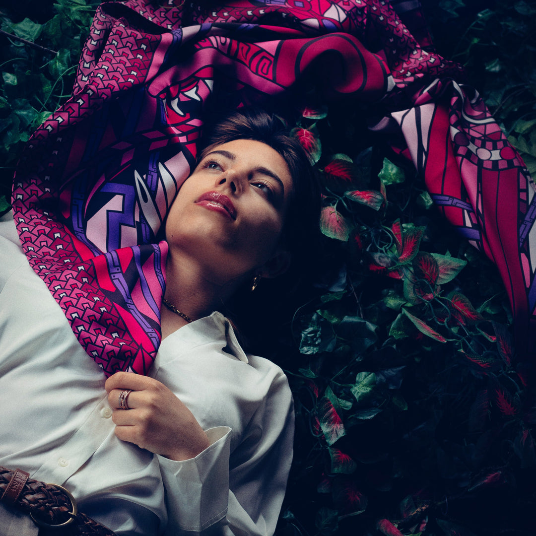 Luxury Silk Scarf, Dragon Scarves, Quetzalcoatle, Pink Purple, Made in UK | Furious Goose