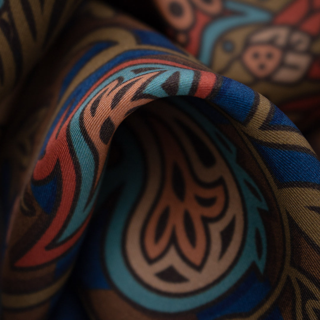 Silk Scarf, Paisley Print, Bold Accessories, Venus, Teal, Blue, Gold, Burnt Orange, Silk Scarves, Foulard, London, Furious Goose
