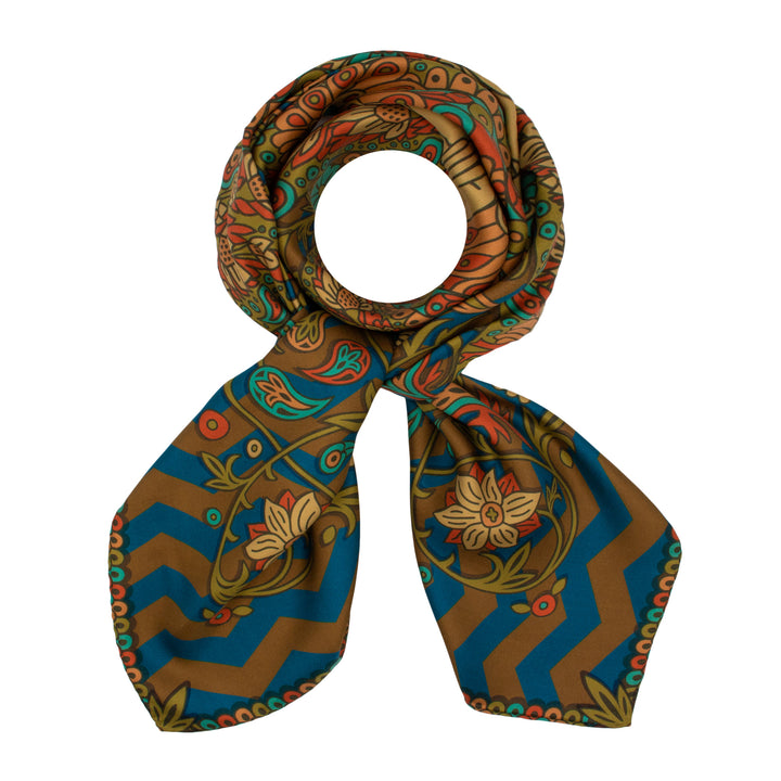 Silk Scarf, Paisley Print, Bold Accessories, Venus, Teal, Blue, Gold, Burnt Orange, Silk Scarves, Foulard, London, Furious Goose