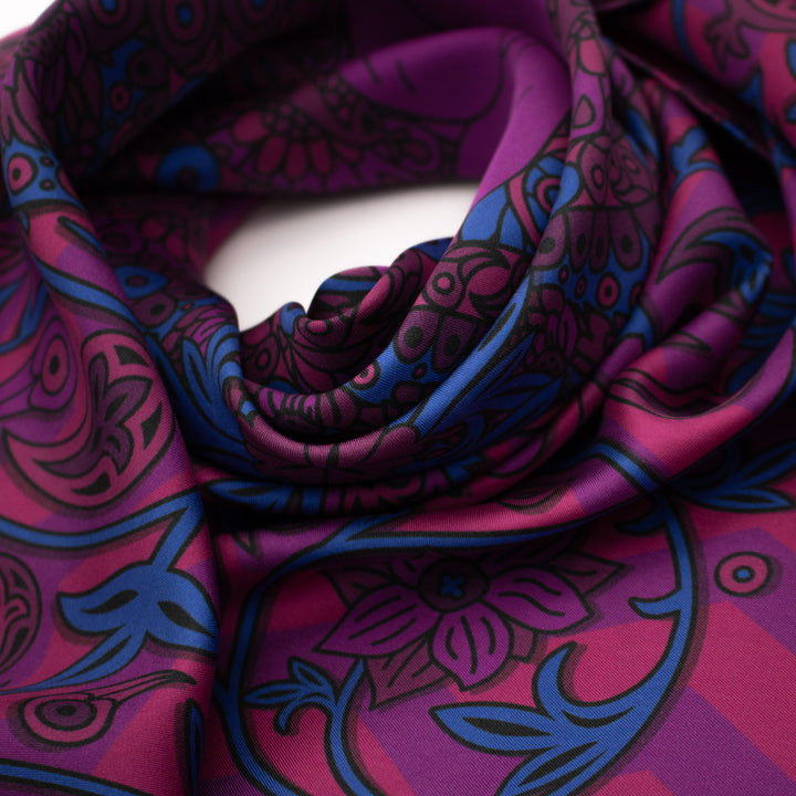 Silk Scarf, Luxury Foulard, Paisley Print, Purple, Venus, London, Furious Goose