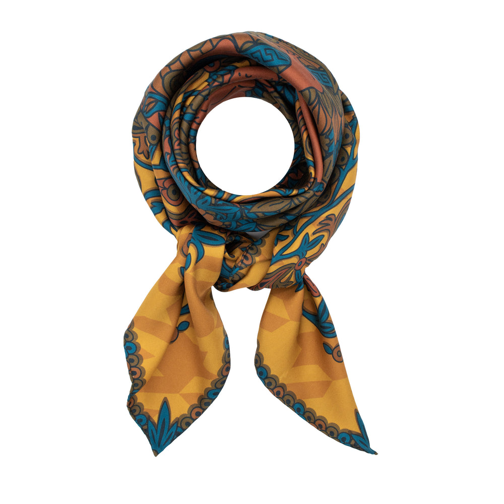 Silk scarf, mustard, paisley print, discobolos, made in ulk, luxury scarf, Furious Goose, London Scarves, Foulard