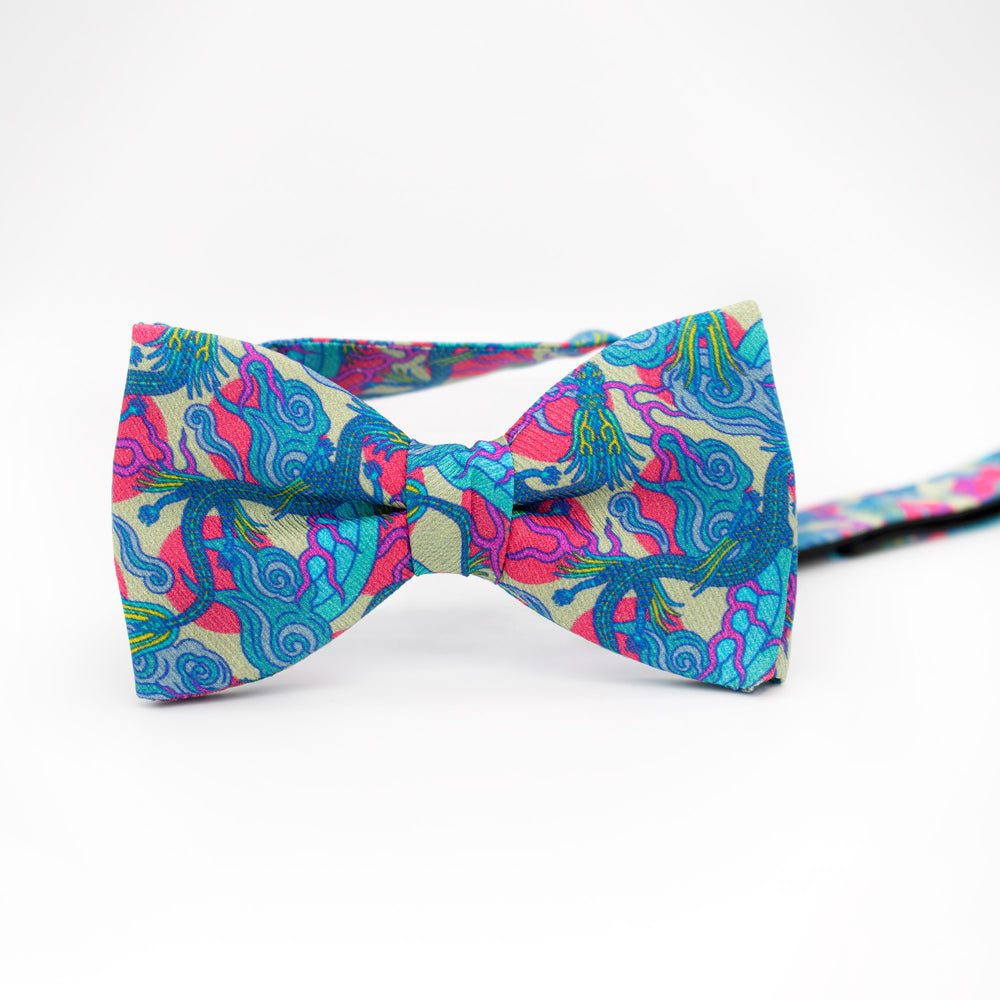 Pink and Blue Bow Tie featuring Chinese Dragons and Rainbows, Luxury Bow Tie, Bold Accessories, Menswear, Made in UK, London, Brighton, Bow Ties, Dickie Bow